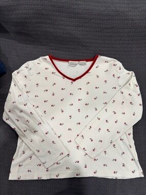 Basic Editions White Top with Red Trim and Small Floral Print